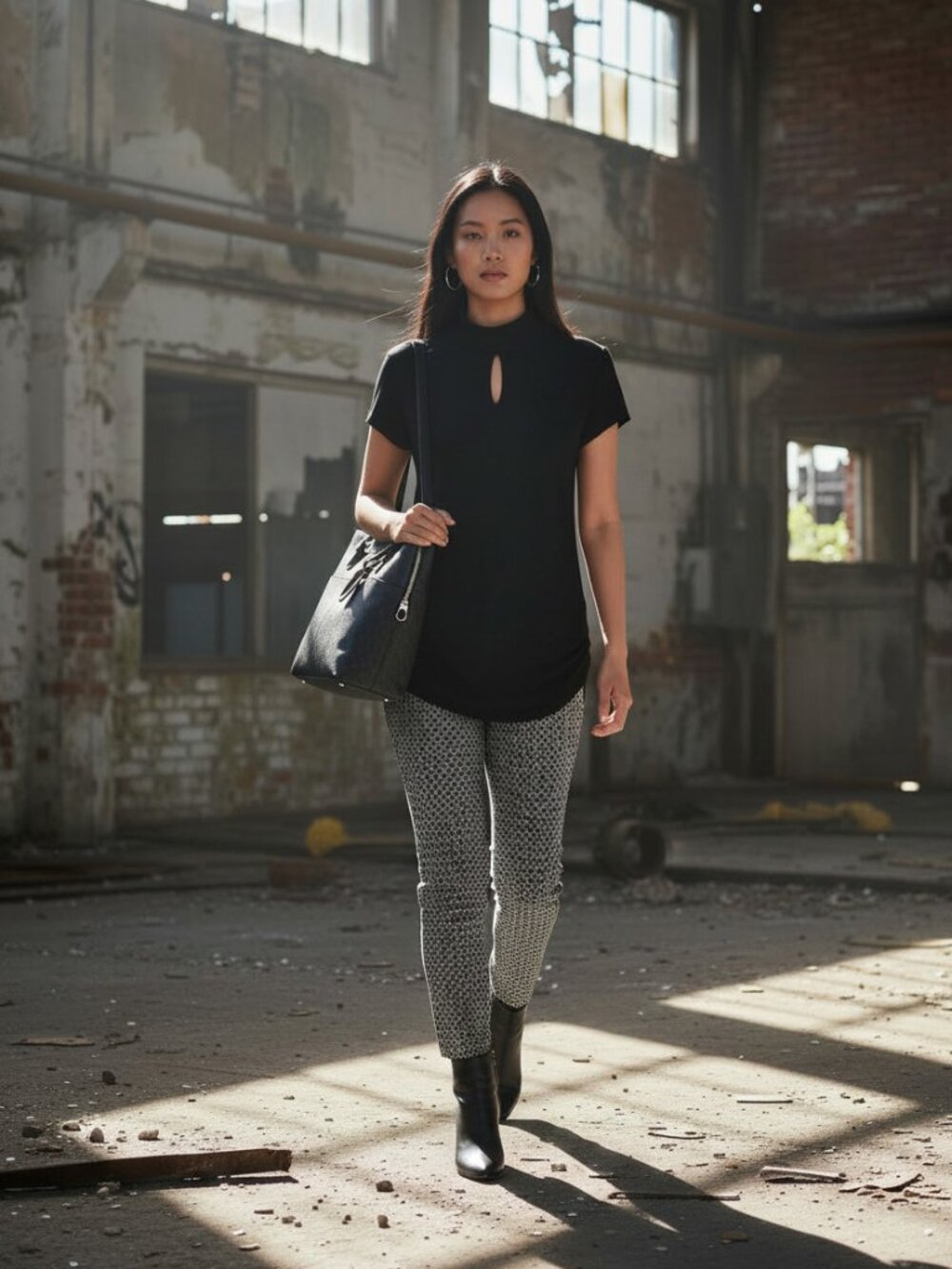 New York & Company Black Short Sleeve Mock Neck Keyhole Tunic